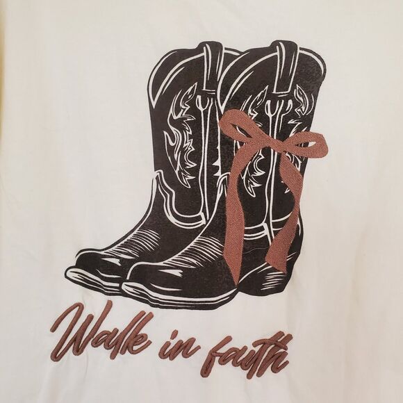 VibeN' T-shirt Western Boots Embroidered Walk In Faith Sz XL Cotton Cream Color - Picture 2 of 7